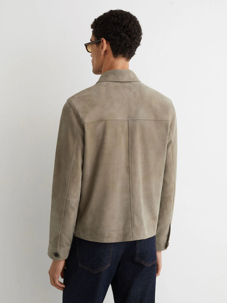 Soft Sage Green Danny Suede Patch-Pocket Worker Jacket
