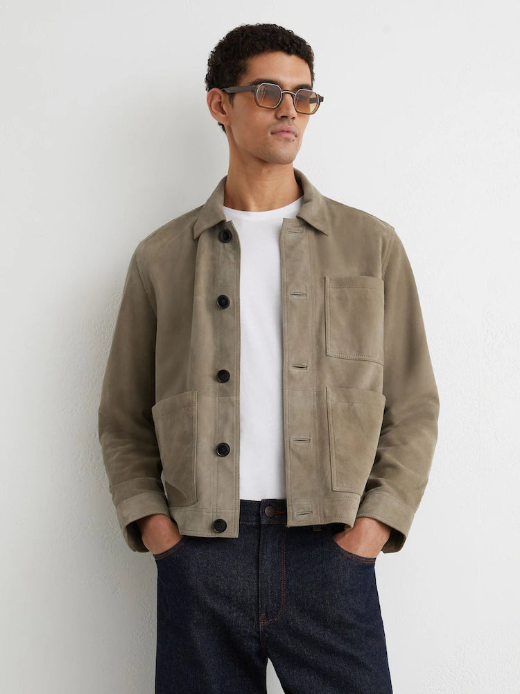 Soft Sage Green Danny Suede Patch-Pocket Worker Jacket