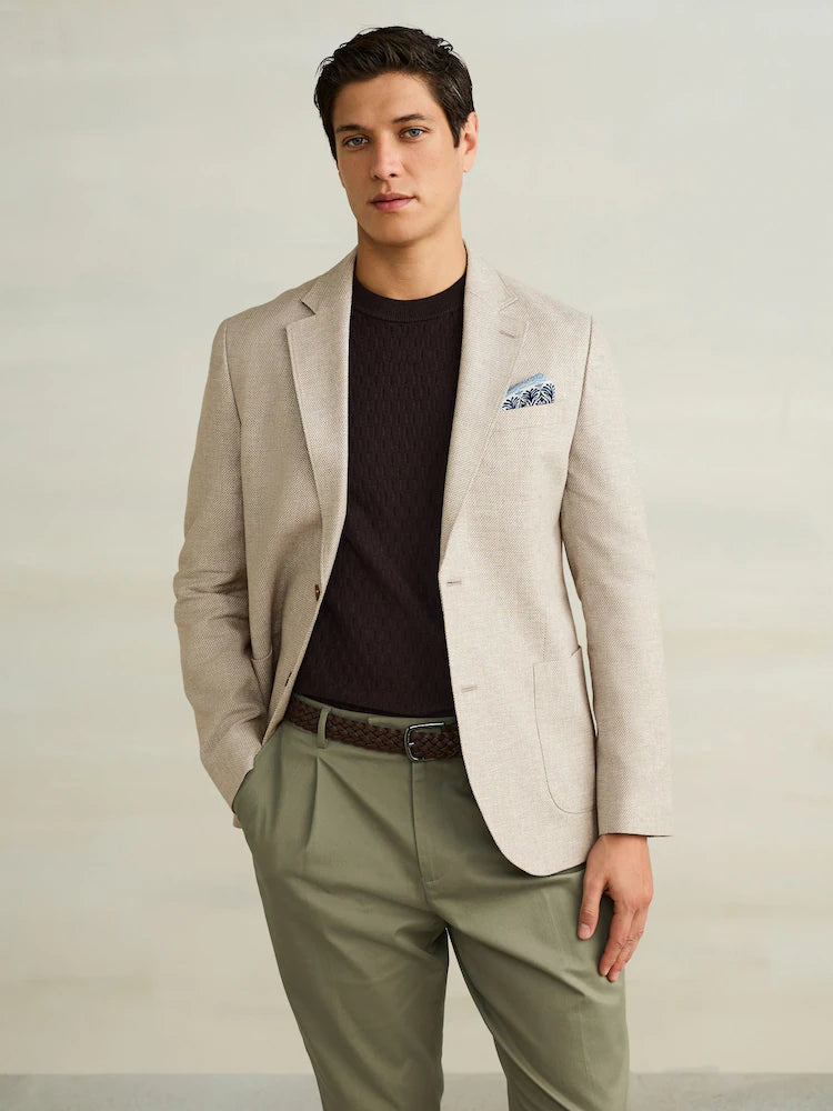Stone Slim Fit Textured Linen Blend Blazer
